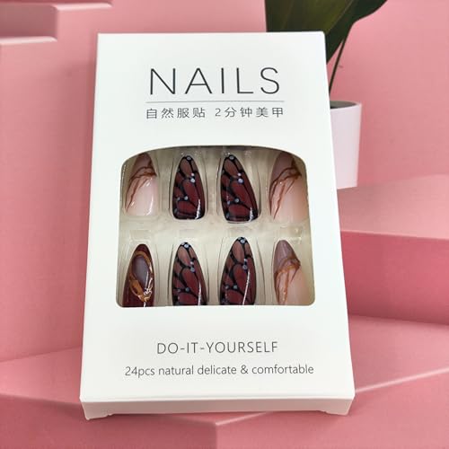 Fall Medium Almond Press on Nails with Butterfly Designs - 24 Pcs
