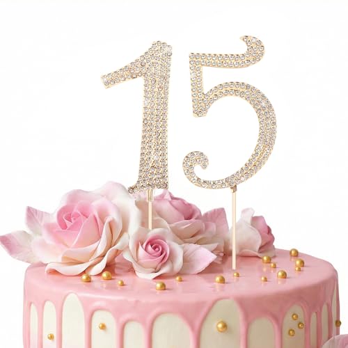 Sparkling Gold 15 Cake Topper with Crystal Rhinestones