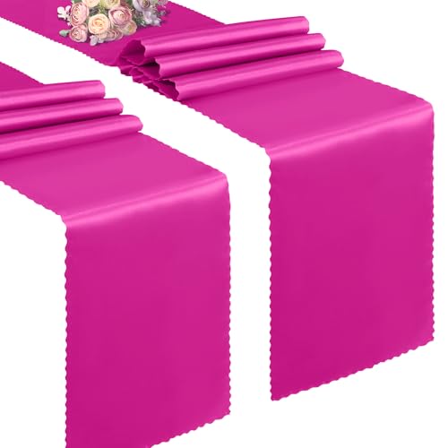 VACVELT Hot Pink Satin Table Runner 12x72 Inch 2 Pack Scalloped Edge