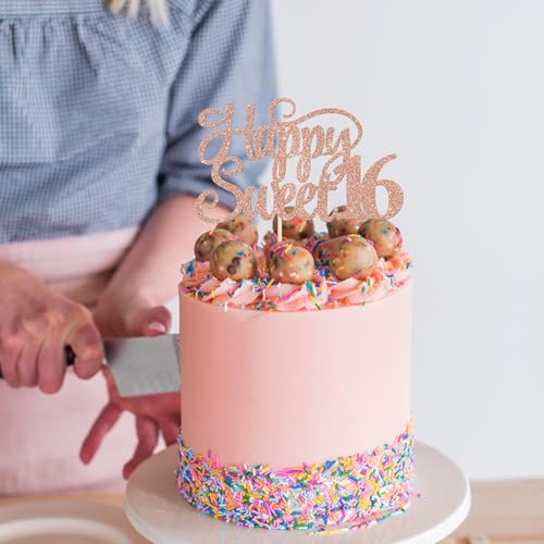 Rose Gold Sweet 16 Cake Topper - Cheers to 16 Years Decoration