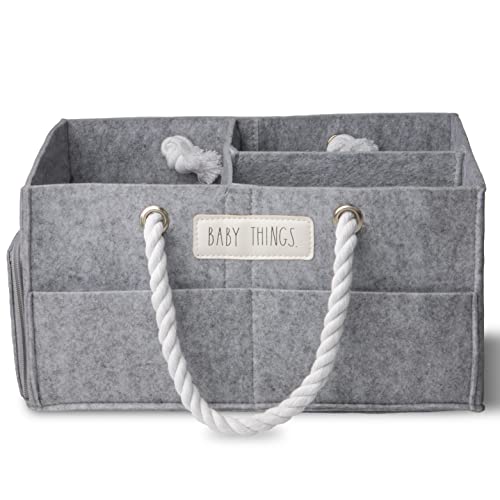 Rae Dunn Diaper Caddy Organizer, Things Storage for Nursery, Changing Table and Car, Portable Basket for Baby Items, Shower Gifts, Grey Felt With Rope Handles, Small