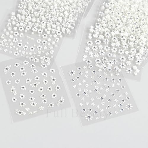 30 Sheets 3D White Flower Nail Art Stickers Self-Adhesive Floral Decals