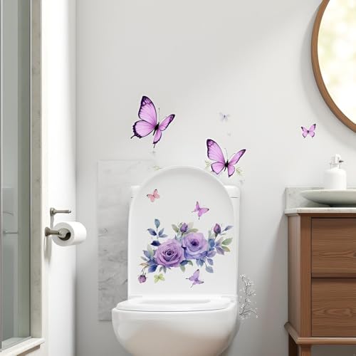 Purple Flowers Butterfly Toilet Seat Stickers - Waterproof & Removable