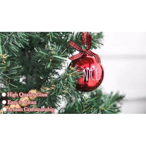 Rae Dunn Christmas Ornaments - Set of 12 Clear Glass Balls with Cute Holiday Designs - 60mm / 2.36 Inch Hanging Decorations for Xmas Tree