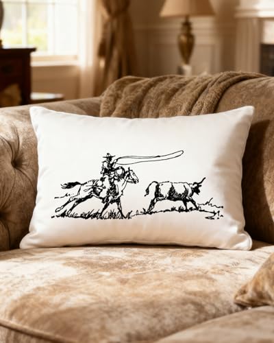 Western Cowboy Roping Bull Lumbar Pillow Cover 12x20 - Rustic Ranch Decor