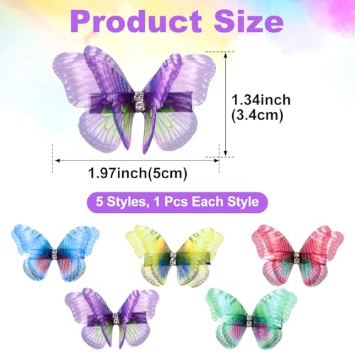 HINZIC 5pcs 3D Organza Butterfly Hair Clips Gradient Rhinestone Barrettes