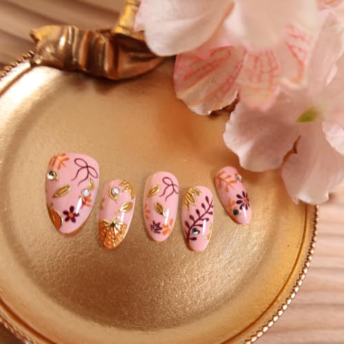 Fall Press On Nails Short Almond Thanksgiving Fake Nails with Rhinestones