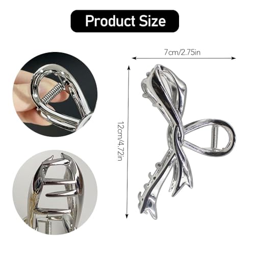 Metal Silver Hair Claw Clip with Ribbon Bow for Thick Hair
