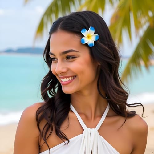 Hawaiian Plumeria Flower Hair Clips 4-Pack - White & Blue Beach Hair Accessories