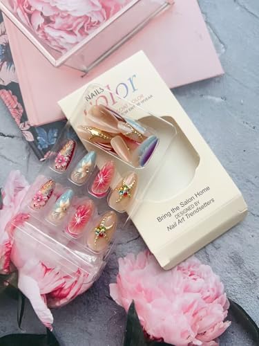 ZIFANHU Medium Almond Press on Nails 3D Flower Fake Nails Gradient Acrylic