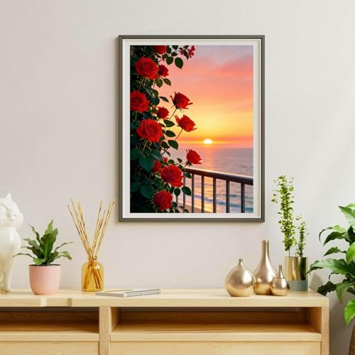 5D Diamond Painting Kit - Red Roses Ocean Sunset, 12x16"