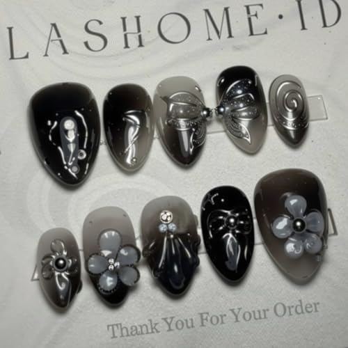 Black French Tip Press On Nails Medium Almond 3D Butterfly False Nails