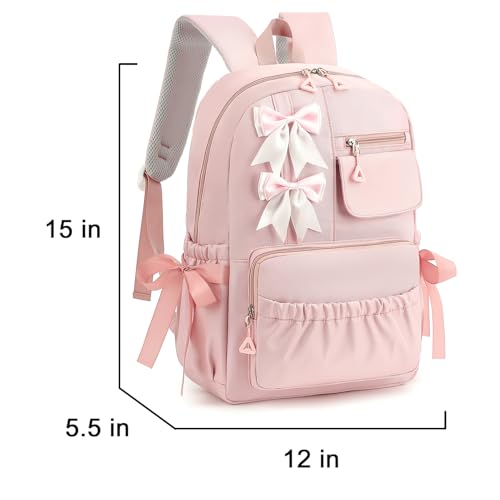 Cute Kawaii School Backpack for Girls - 15-Inch Pink Bow Bookbag
