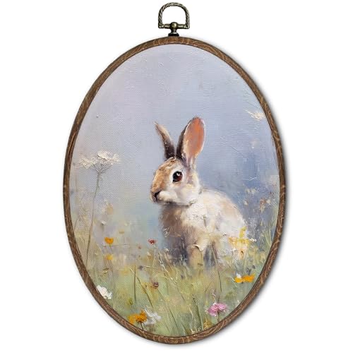 Easter Bunny Oval Wall Art Decor - Rustic Spring Rabbit Canvas 8.6x11.4