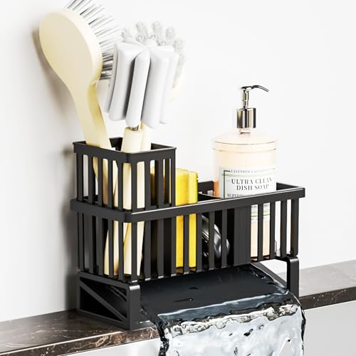 Yieach Rustproof Kitchen Sink Caddy Organizer with Dispenser, Plastic Dish Sponge Holder, Black