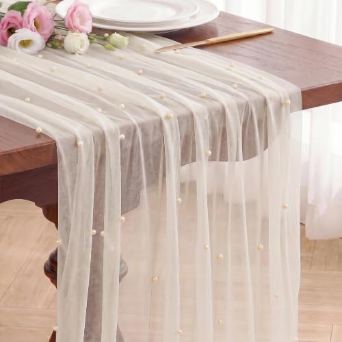 Ivory Pearl Tulle Table Runner 10FT Gauze Sheer Decor for Wedding Party