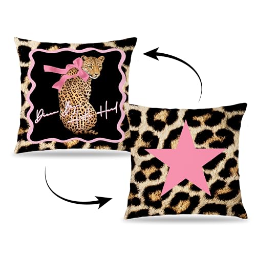 LUKIPOM Pink Bow Leopard Print Throw Pillow Cover 18x18