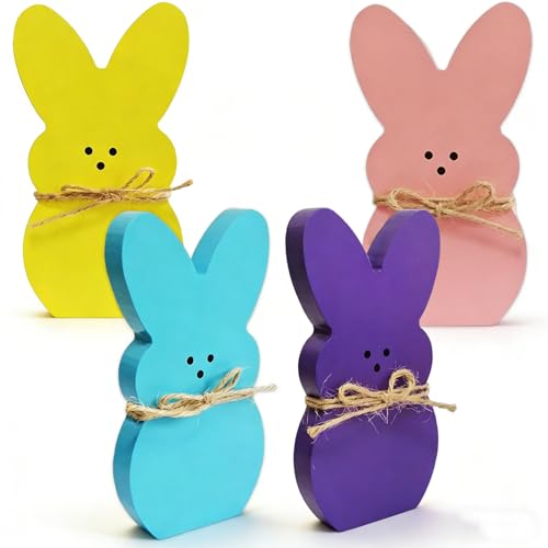 Wooden Easter Bunny Table Decor Set, 4-Piece Freestanding Spring Rabbit Accents