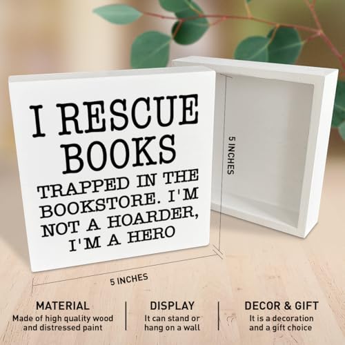 Book Lover Wooden Box Sign Decor - Rescue Books Library Accessories, Bookish Gifts for Librarians & Women, Book Lover 02
