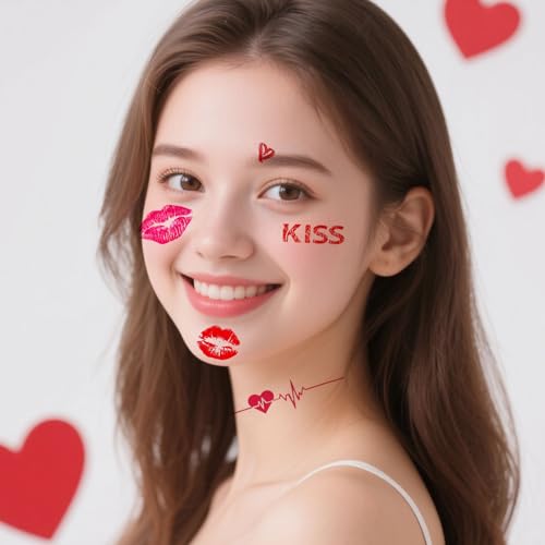 WIWUFUE Valentine's Day Temporary Tattoos 6 Sheets, Waterproof Romantic Hearts & Sexy Lips Body Art Stickers for Couples