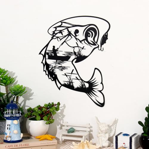 Bnesi Metal Fish Wall Decor, Black Fishing Scene Art for Home Bathroom