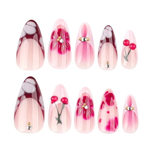 3D Cherry Blossom Press On Nails Almond Glossy Pink Rhinestone False Nails