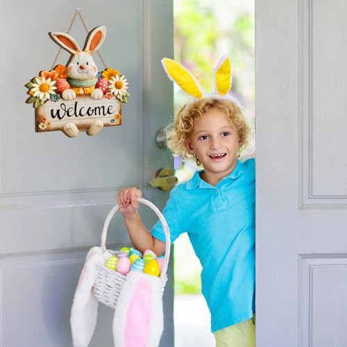 Rustic Easter Welcome Wreath Sign - 13" Wooden Door Decor