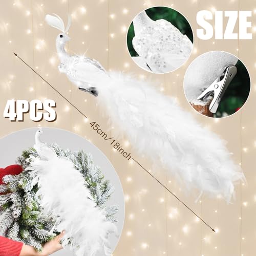 4 Pcs Peacock Christmas Tree Ornaments - Long Tail Feather Glitter Bird Decorations - Simple Style