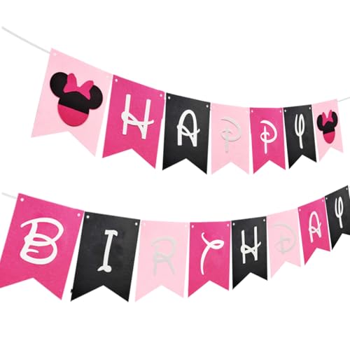 Pink Happy Birthday Banner - Pre-strung Felt Mouse Ear Party Decoration