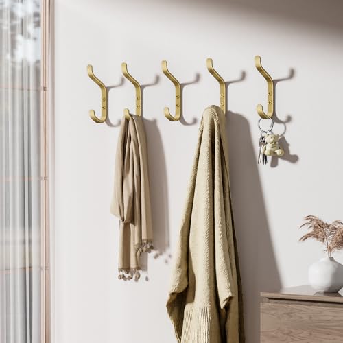 Gold Double Wall Hook for Hanging Coats - 22lbs Capacity, 5 Pack