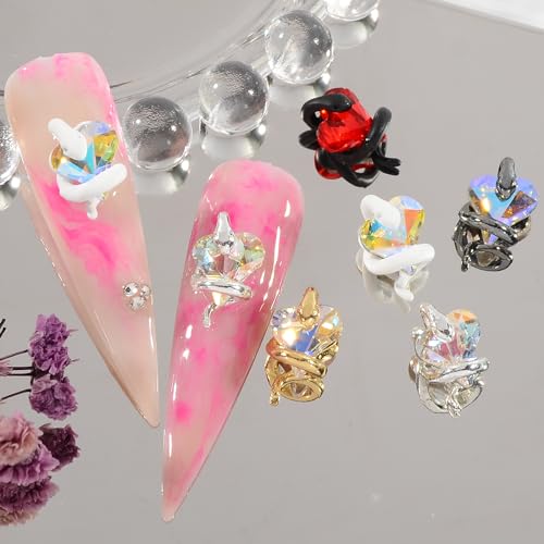 MEILINDS Gold Snake Nail Charms with Iridescent Heart Rhinestones 10PCS 3D Alloy Nail Gems for Acrylic Nails DIY Nail Art Decorations