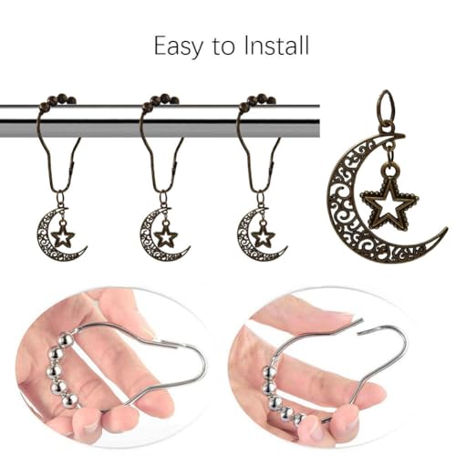 Celestial Moon and Stars Shower Curtain Hooks - 12 Pcs Bronze Set