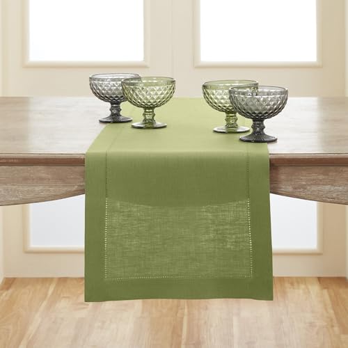Solino Home 100% Linen Table Runner 108 Inches Moss Green 14 x 108 in - Elegant Dining Decor