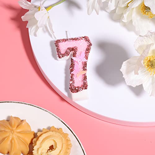 Pink Glitter Number 7 Birthday Candle with Butterfly and Sequins Cake Topper