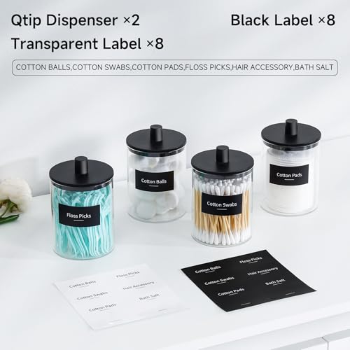 TIPGO Glass Q-Tip Holder Dispenser, 10 oz Bathroom Storage Jar (2 Pack, Black)