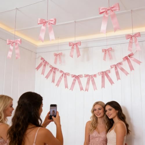 Eucehlre Pink Satin Bow Garlands - 16pcs Pre-Strung Party Decorations