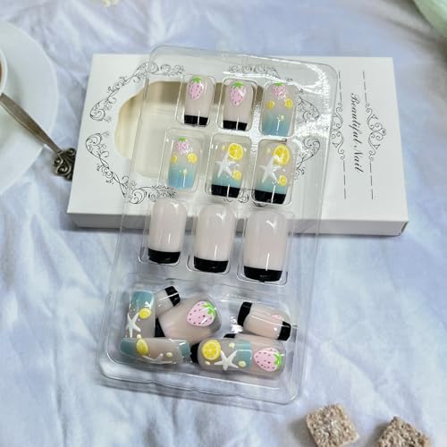 JCWGXC Summer Press on Nails Medium Square Black French Tip False Nails