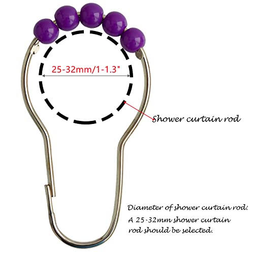 Purple Shower Curtain Hooks, Stainless Steel Rings with Acrylic Roller Balls