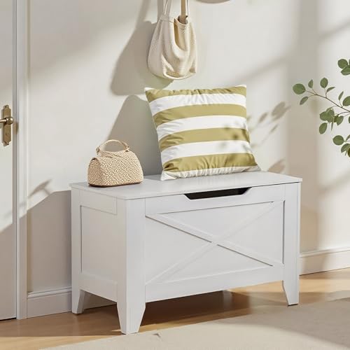 VECELO 30" Storage Bench, Entryway Shoe Ottoman, Farmhouse Style Bench with Handwoven Cushion and Metal Safety Hinges, for Bedroom, Living Room, Entryway, White