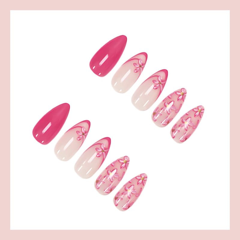 Press On Nails Medium Almond Hot Pink Floral Glossy Fake Acrylic Nails Kit