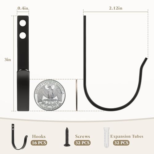 Heavy Duty Black Wall Hooks - 16 Pack for Coats, Towels & Bags