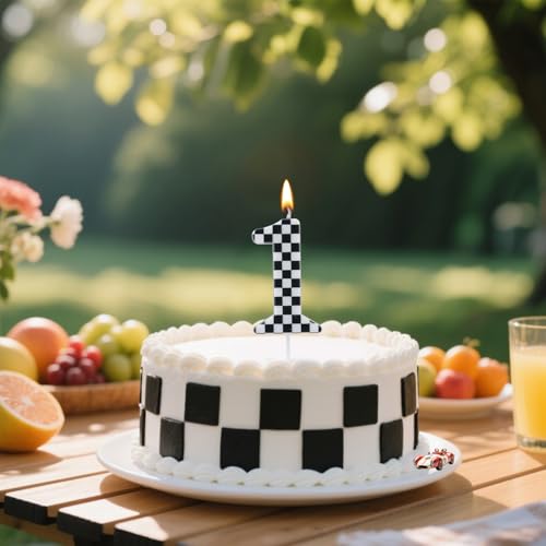 Racing Car 1st Birthday Candle - Black & White Checkered Design