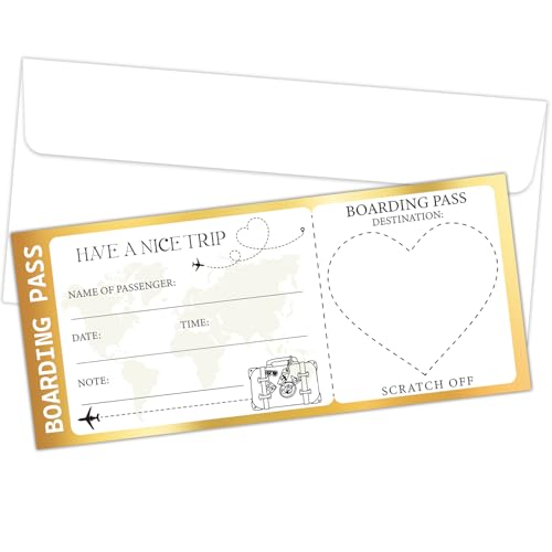 Golden Scratch-Off Boarding Pass Ticket Gift with Envelope - 3.5x8