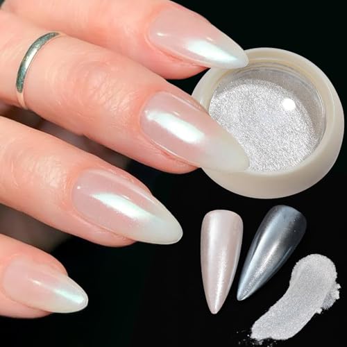 Fokostar White Pearl Chrome Nail Powder Solid Aurora Glitter Pigment
