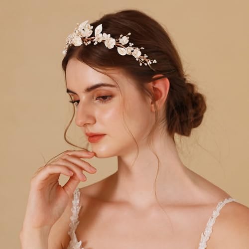 SELFCLOUD Gold Bridal Headband with Handmade Resin Flowers and Pearls