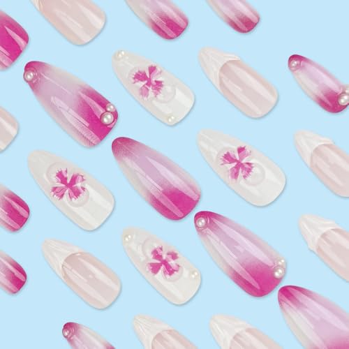 LBPEPAMZ 3D Floral Press On Nails Medium Almond White French Tip Fake Nails