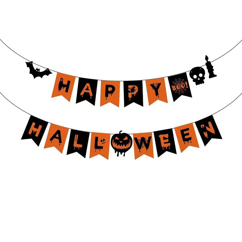 Happy Halloween Banner with Pumpkins Spiders Bats and Witch Hats
