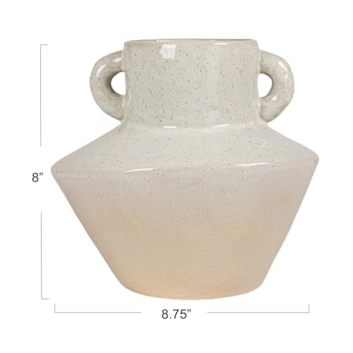 Bloomingville Round Stoneware Vase with Reactive Glaze Finish and Vertical Handles, Light Grey