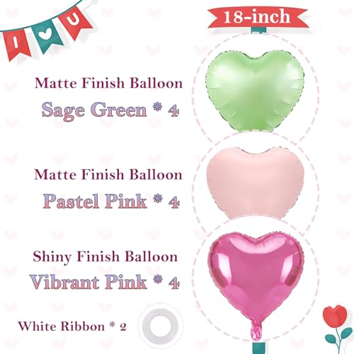18-Inch Heart Foil Balloons - Pink & Sage Green, 12-Pack