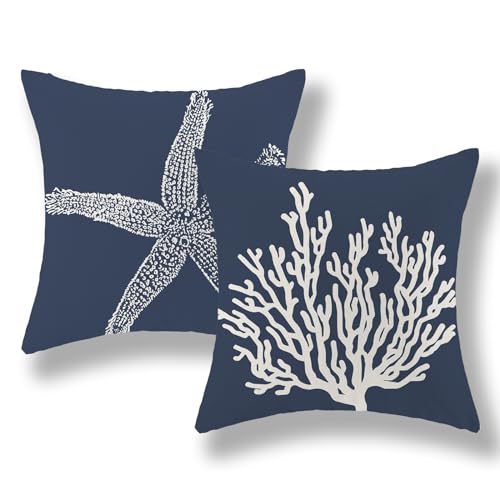 Navy Blue Starfish Coral Pillow Covers 20x20 Inch (Pack of 2) - Summer Decor